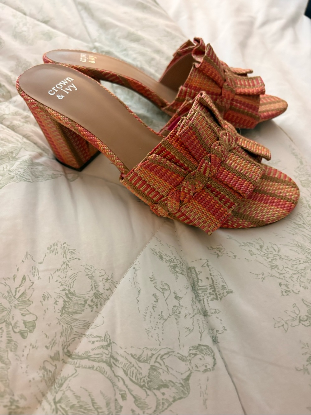 crown & ivy Orange Multi Woven Block Heel Slide Sandals
